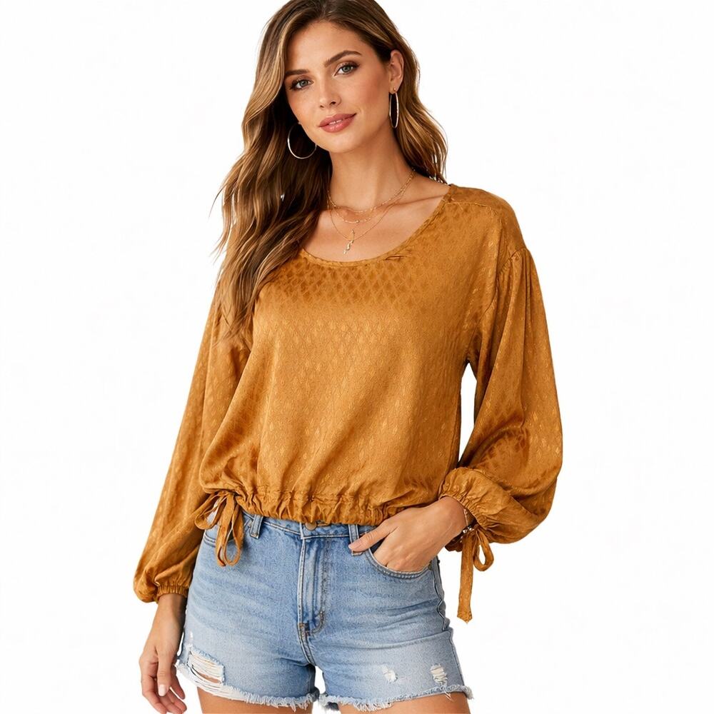 Band of Gypsies Gold Jacquard Boho Blouse Tie Waist Festival Top M
